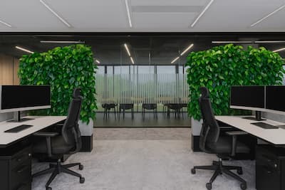 Schematyczna ilustracja zieleni przy budynku biurowym