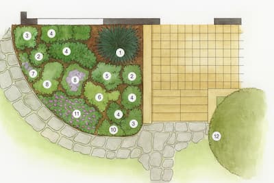 Schematyczna ilustracja rabat ogrodowych i nasadzeń